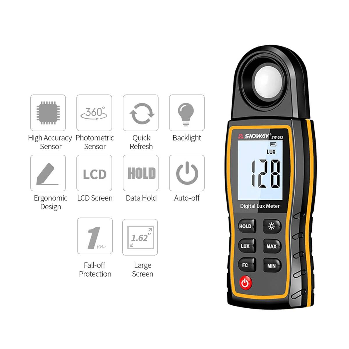 GloboStar® 79983 Ψηφιακός Μετρητής Έντασης Φωτισμού SNDWAY SW-582 με έλεγχο 0 έως 200000 lux - ledmania.gr