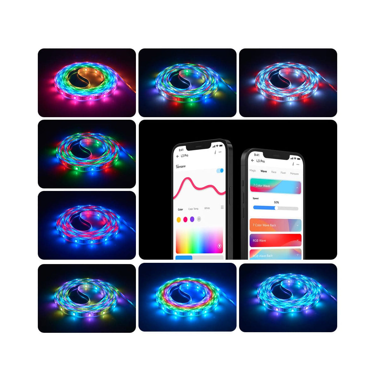 GloboStar® 80099 SONOFF L3-5M-PRO RGBIC Digital IC RGB Smart LED Strip Light WiFi 2.4GHz 90 SMD/M 5050 5m Roll & Power Adapter DC 5V Max 10W - ledmania.gr