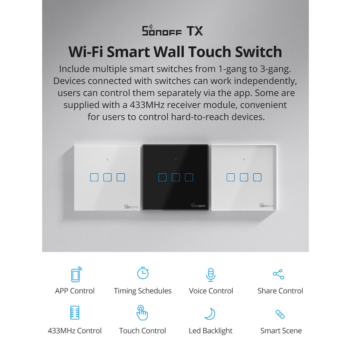 GloboStar® 80130  SONOFF T2EU1C-RF - 433MHz Wireless Smart Wall Stick-On Touch Button Switch 1 Way - RF Series - ledmania.gr