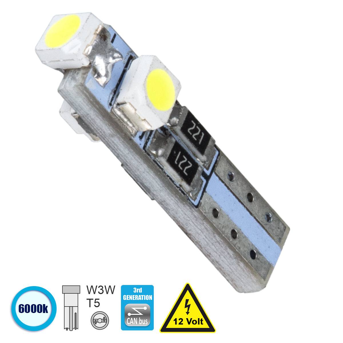 GloboStar® 81029 Λάμπα Αυτοκινήτου T5 3rd Generation Can-Bus LED 3 SMD 1210 0.6W 120lm 360° DC 12V IP20 Ψυχρό Λευκό 6000K - ledmania.gr