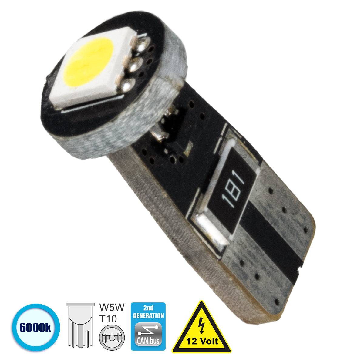 GloboStar® 81080 Λάμπα Αυτοκίνητου T10 W5W 2rd Generation Can-Bus Series LED 1 SMD 5050 1.2W 150lm 120° DC 12V IP20 Ψυχρό Λευκό 6000K - ledmania.gr