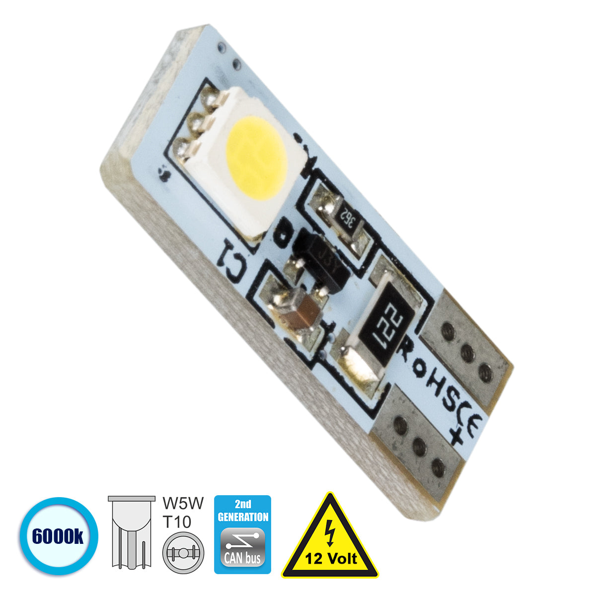 GloboStar® 81087 Λάμπα Αυτοκίνητου T10 W5W 2rd Generation Can-Bus Series LED 2 SMD 5050 1.6W 240lm 360° DC 12V IP20 Ψυχρό Λευκό 6000K - ledmania.gr