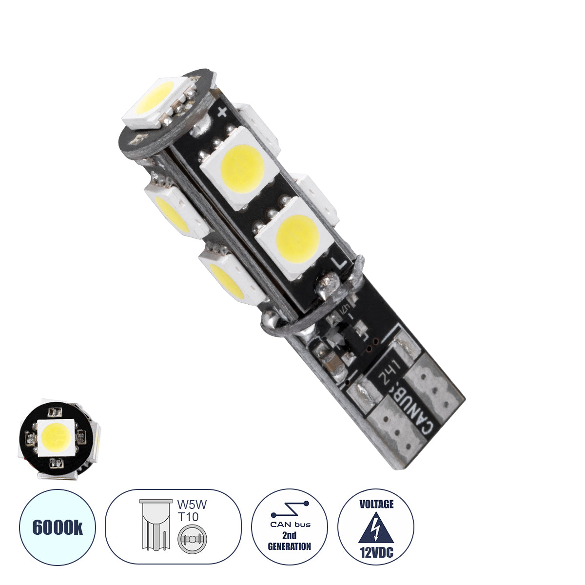 GloboStar® 81096 Λάμπα Αυτοκίνητου LED T10 W5W 2rd Generation Can-Bus Series 9xSMD5050 4.14W 540lm 360° DC 12-16V IP20 Φ1 x Υ3.9cm Ψυχρό Λευκό 6000K - ledmania.gr