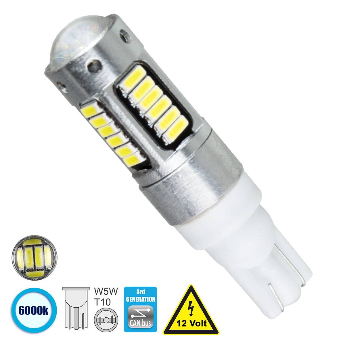 GloboStar® 81108 Λάμπα Αυτοκίνητου T10 W5W 3rd Generation Can-Bus Series LED 30 SMD 4014 6W 900lm 360° DC 12V IP20 Ψυχρό Λευκό 6000K - ledmania.gr