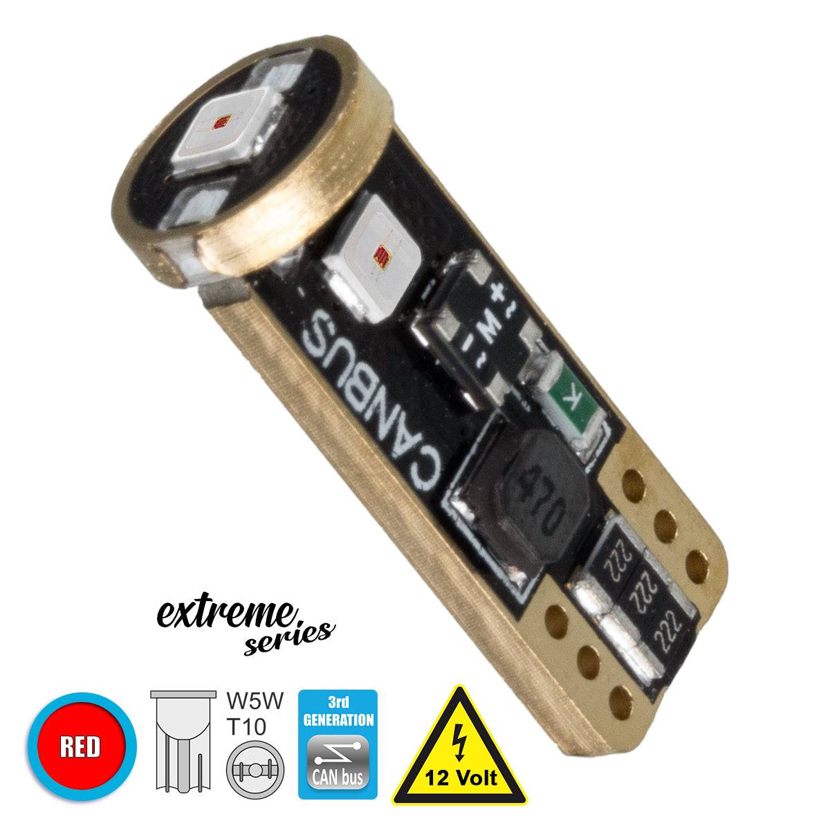GloboStar® 81116 Λάμπα Αυτοκίνητου T10 W5W 3rd Generation Can-Bus Extreme Series LED 3 SMD 3030 3W 360lm 360° DC 12V IP20 Κόκκινο - ledmania.gr