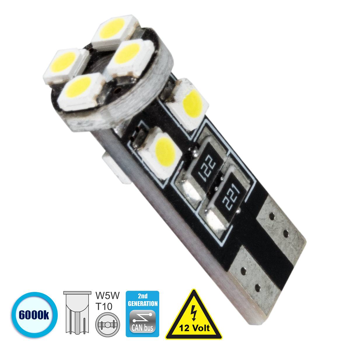 GloboStar® 81119 Λάμπα Αυτοκίνητου T10 W5W 2rd Generation Can-Bus Series LED 8 SMD 1210 2.6W 390lm 360° DC 12V IP20 Ψυχρό Λευκό 6000K - ledmania.gr