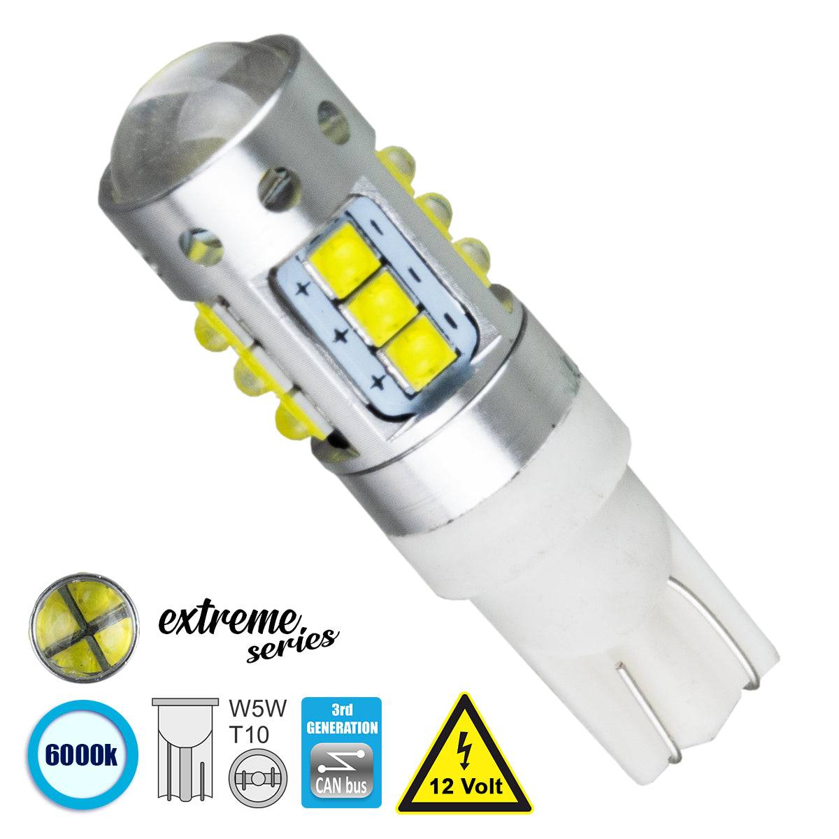 GloboStar® 81120 Λάμπα Αυτοκίνητου T10 W5W 3rd Generation Can-Bus Extreme Series LED 16 CREE XBD 15W 2115lm 360° DC 12V IP20 Ψυχρό Λευκό 6000K - ledmania.gr