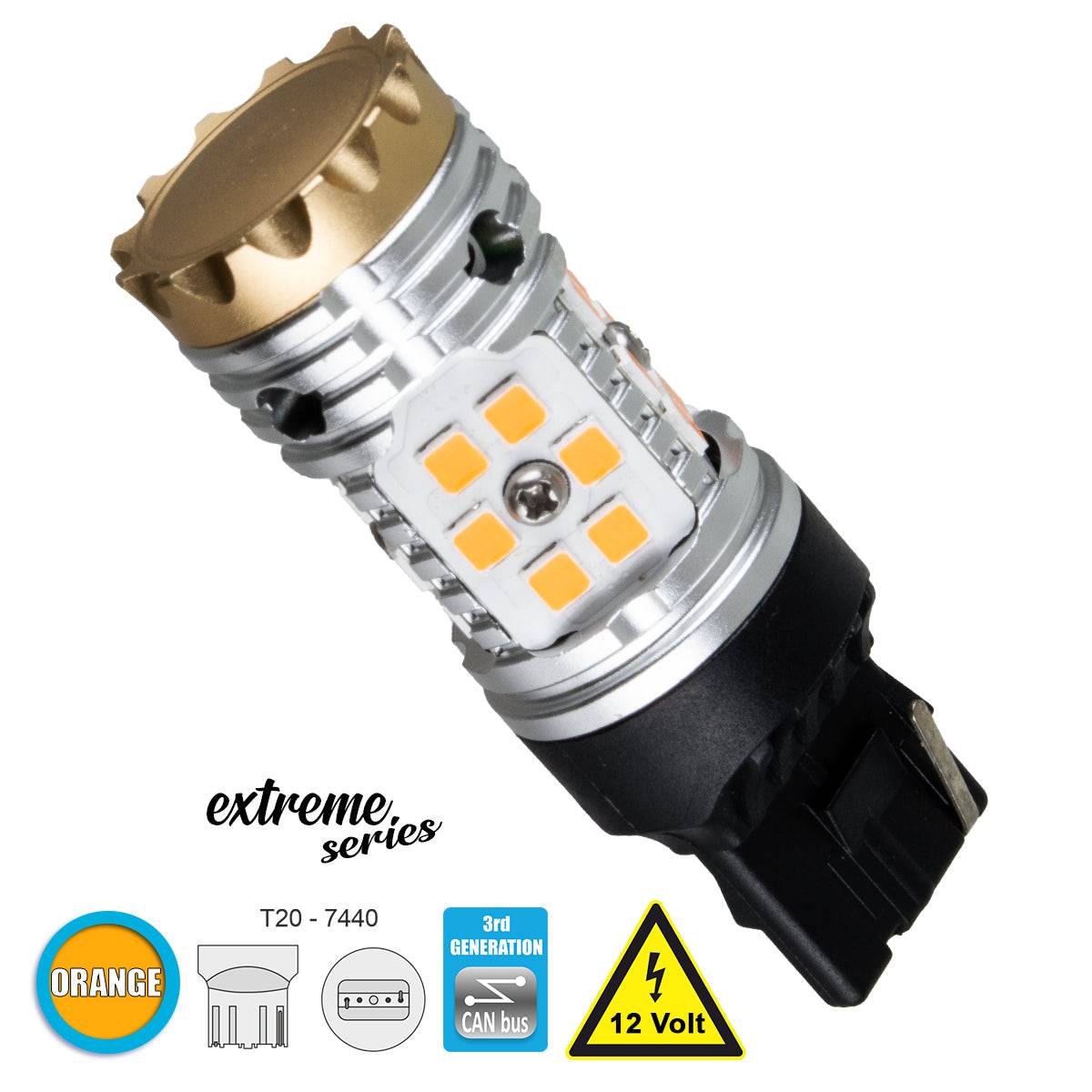 GloboStar® 81150 Λάμπα Αυτοκίνητου T20 - 7440 - W21W 3rd Generation Can-Bus Extreme Series LED 30 SMD 3030 24W 2880lm 360° DC 12V IP20 Πορτοκαλί - ledmania.gr