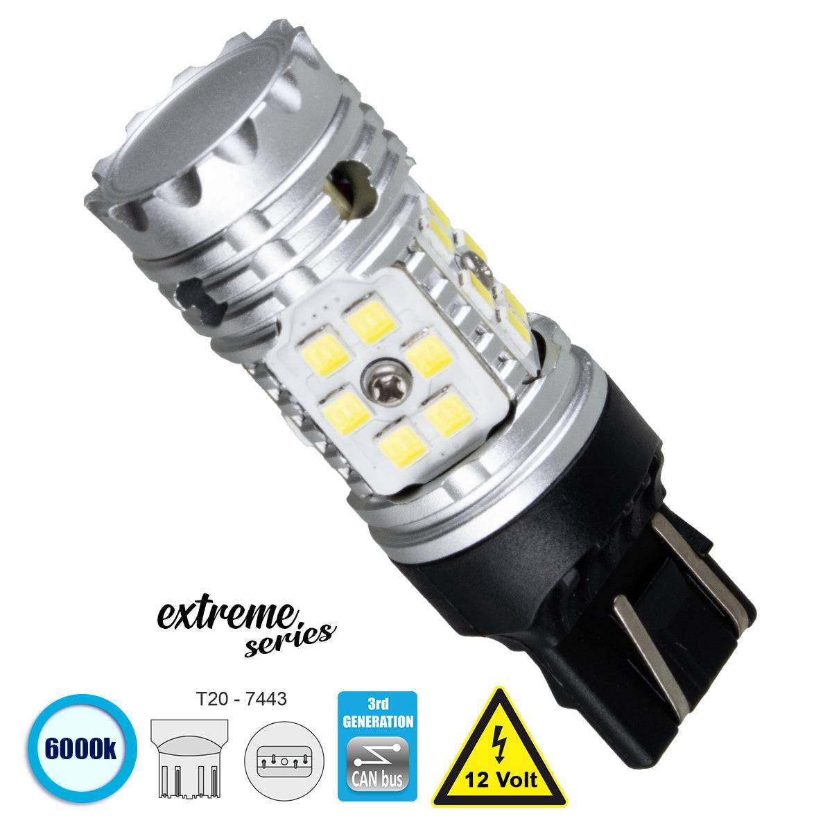 GloboStar® 81151 Λάμπα Αυτοκίνητου T20 - 7443 - W21/5W 3rd Generation Can-Bus Extreme Series LED 30 SMD 3030 24W 3600lm 360° DC 12V IP20 Ψυχρό Λευκό 6000K - ledmania.gr