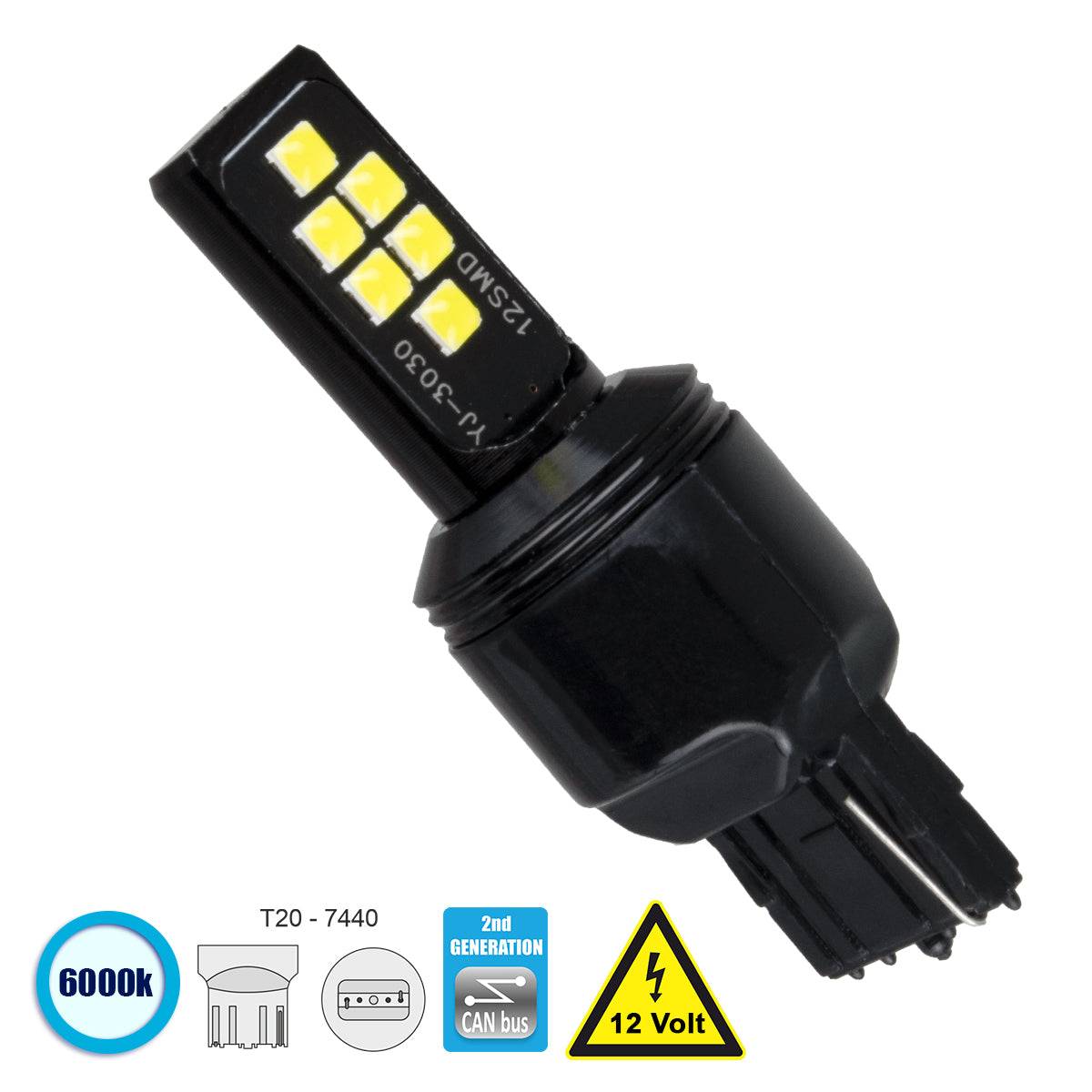 GloboStar® 81157 Λάμπα Αυτοκίνητου T20 - 7440 - W21W 2nd Generation Can-Bus Series LED 12 SMD 3030 8W 1200lm 360° DC 12V IP20 Ψυχρό Λευκό 6000K - ledmania.gr
