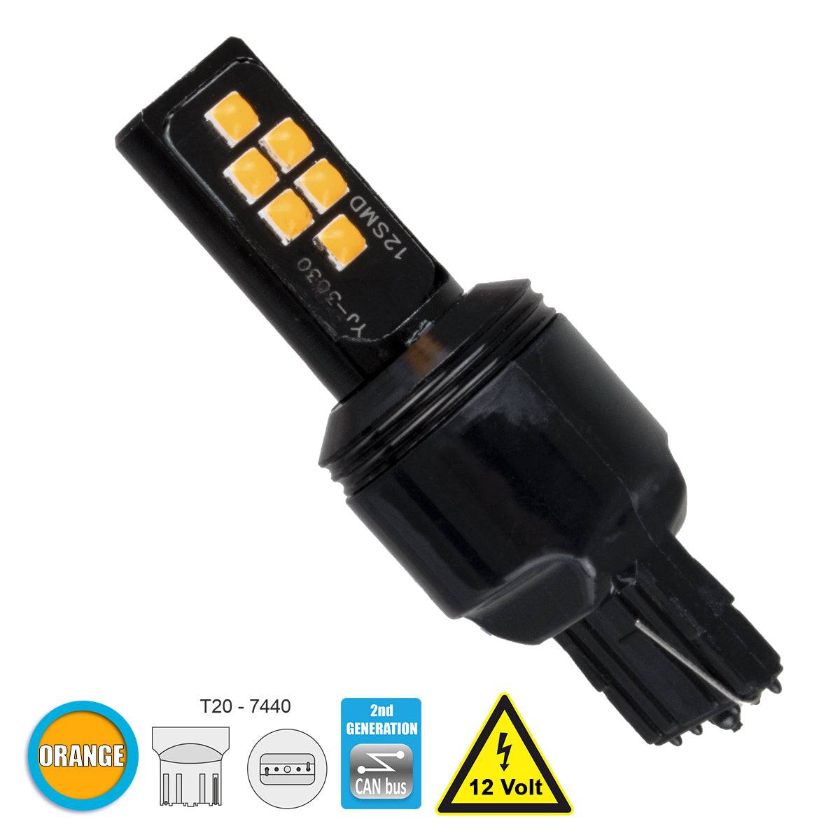 GloboStar® 81158 Λάμπα Αυτοκίνητου T20 - 7440 - W21W 2nd Generation Can-Bus Series LED 12 SMD 3030 8W 960lm 360° DC 12V IP20 Πορτοκαλί - ledmania.gr