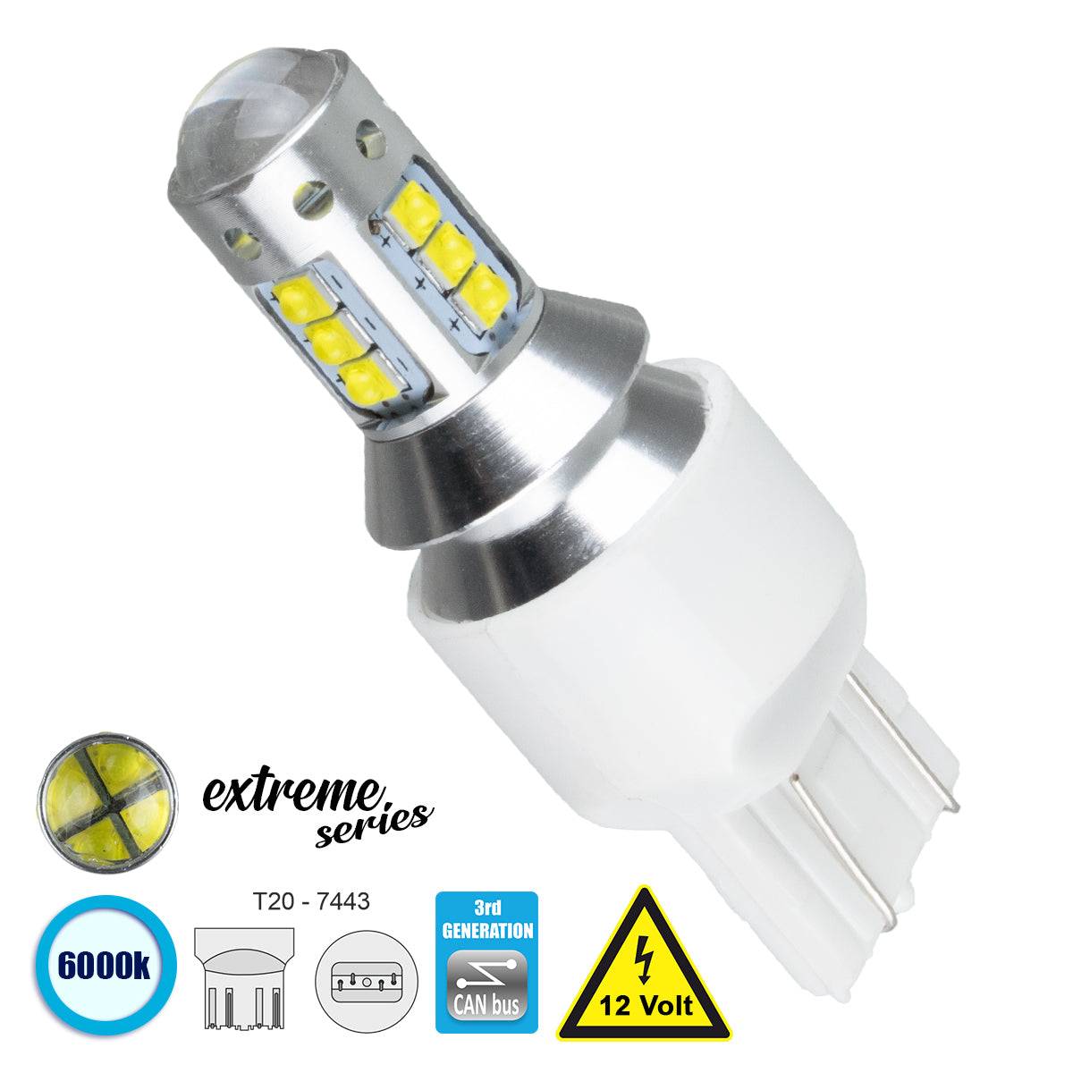 GloboStar® 81166 Λάμπα Αυτοκίνητου T20 - 7443 - W21/5W 3rd Generation Can-Bus Extreme Series LED 16 CREE XBD 15W 2115lm 360° DC 12V IP20 Ψυχρό Λευκό 6000K - ledmania.gr