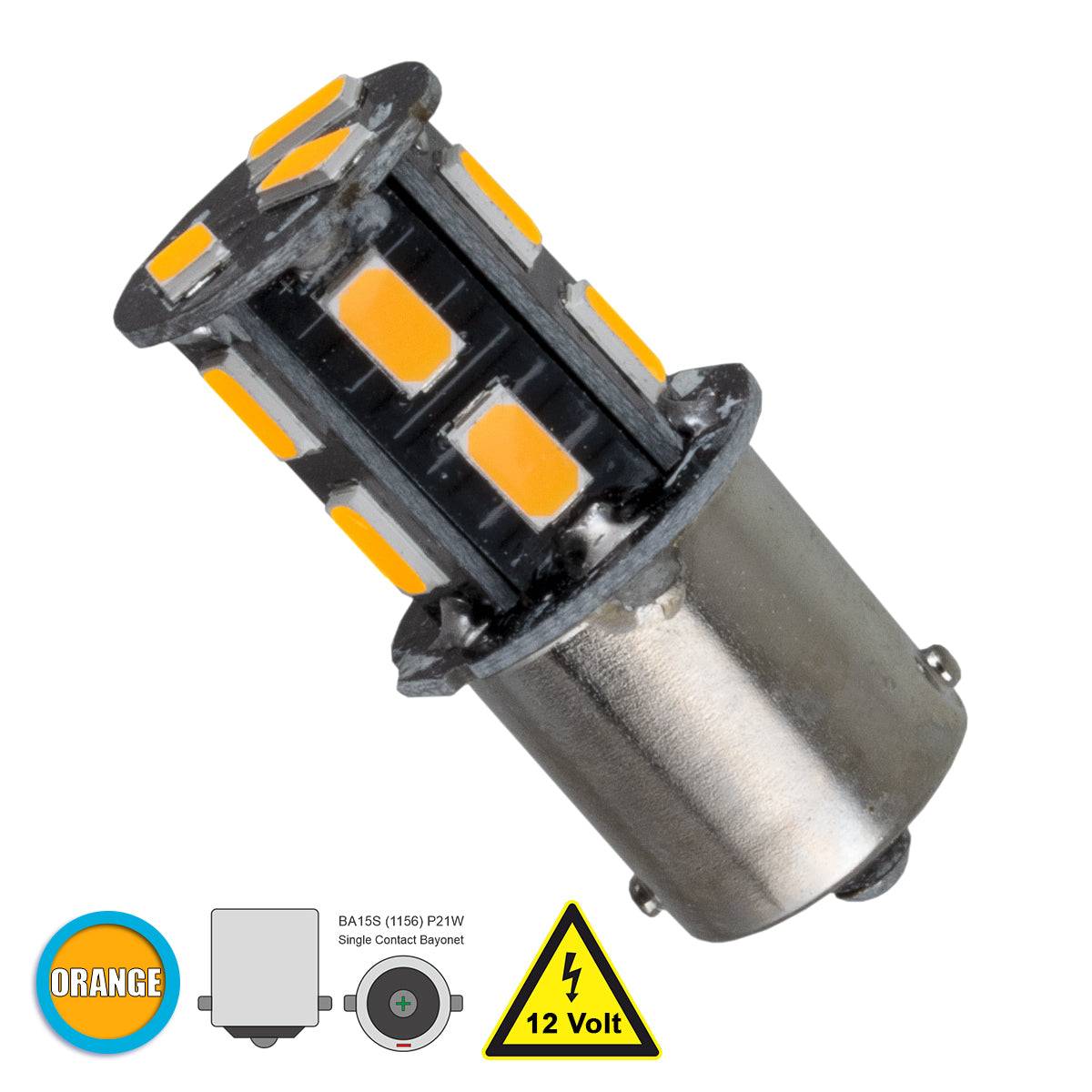 GloboStar® 81212 Λάμπα Αυτοκίνητου 1156 - BA15S - P21W LED 13 SMD 5630 3W 360lm 360° DC 12V IP20 Πορτοκαλί - ledmania.gr