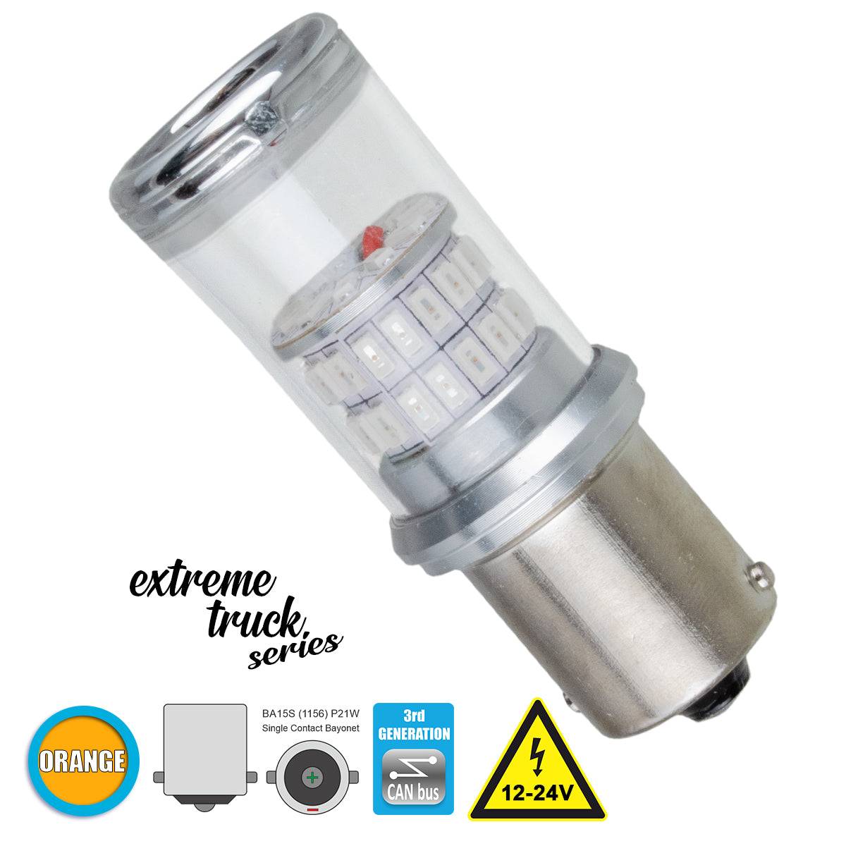 GloboStar® 81226 Λάμπα Αυτοκινήτου & Φορτηγού 1156 - BA15S - P21W 3rd Generation Can-Bus Extreme Truck Series LED 48 SMD 4014 18W 2160lm 360° DC 12-24V IP20 Πορτοκαλί - ledmania.gr