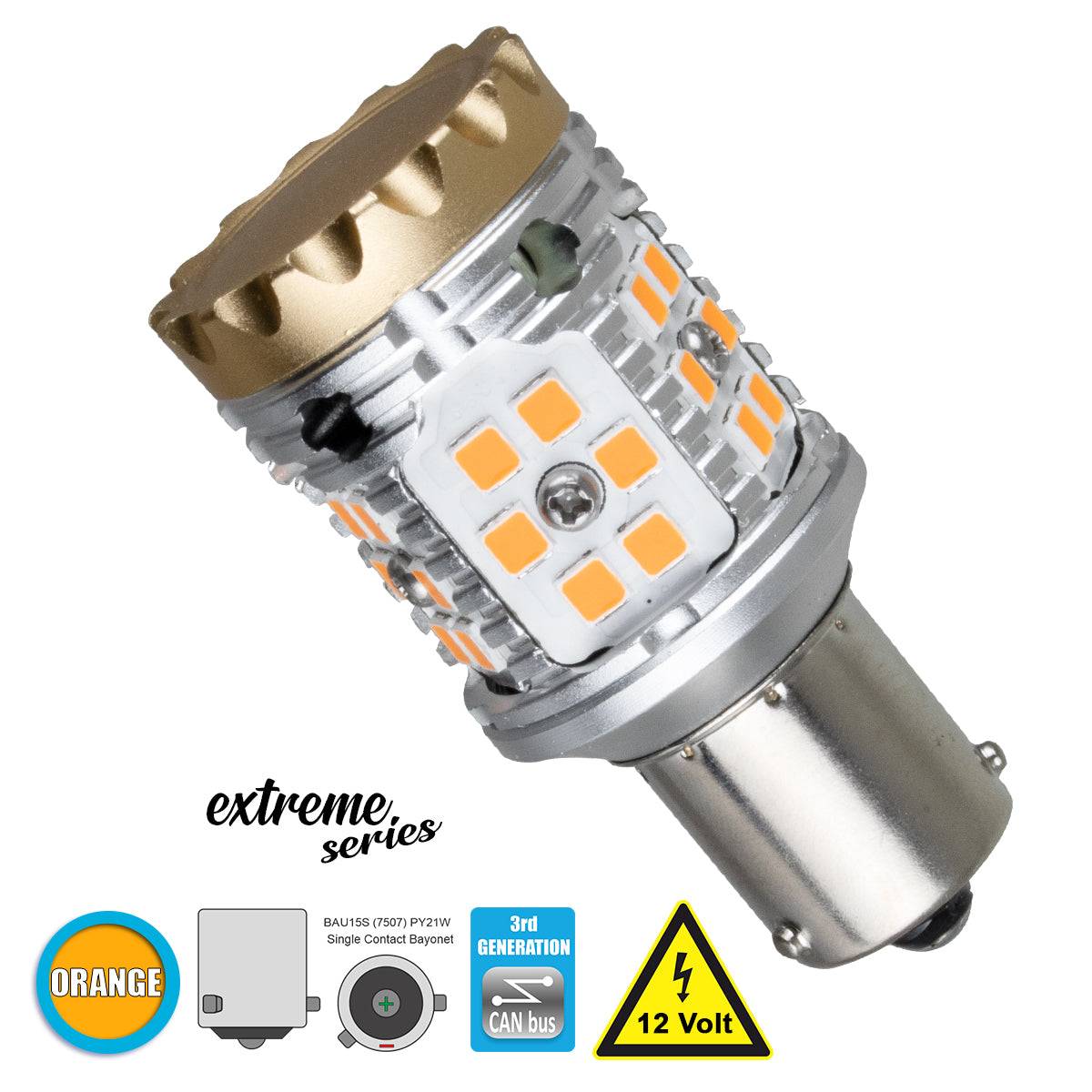GloboStar® 81235 Λάμπα Αυτοκίνητου 1156 - BA15S - P21W 3rd Generation Can-Bus Extreme Series LED 24 SMD 3030 28W 3360lm 360° DC 12V IP20 Πορτοκαλί - ledmania.gr