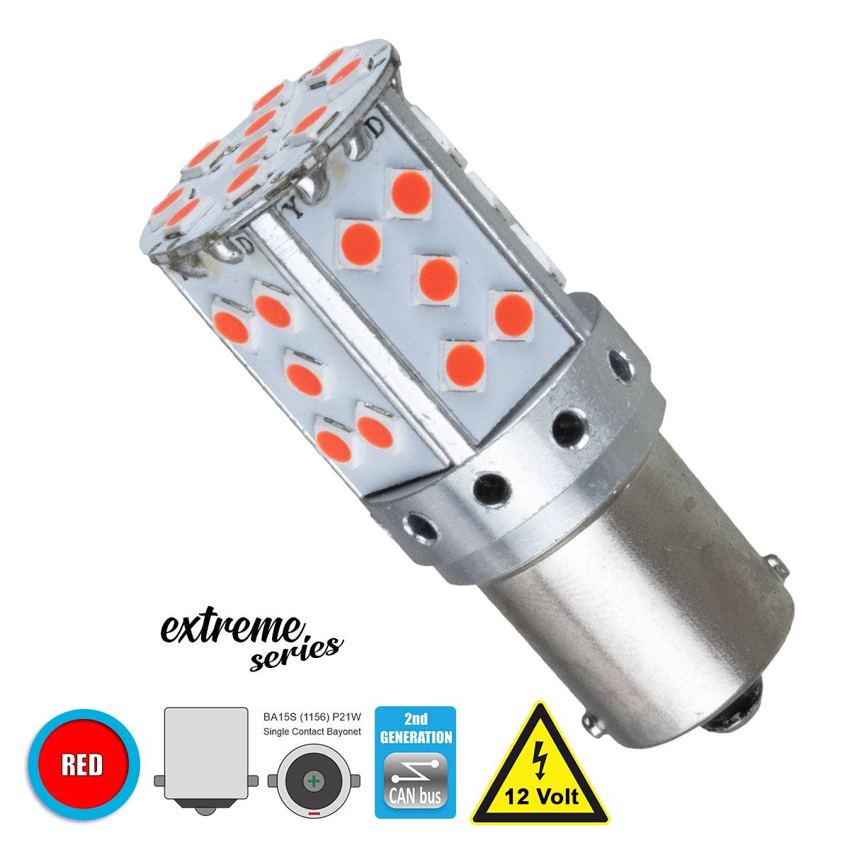 GloboStar® 81240 Λάμπα Αυτοκίνητου 1156 - BA15S - P21W 2nd Generation Can-Bus Extreme Series LED 35 SMD 3030 17W 2040lm 360° DC 12V IP20 Κόκκινο - ledmania.gr