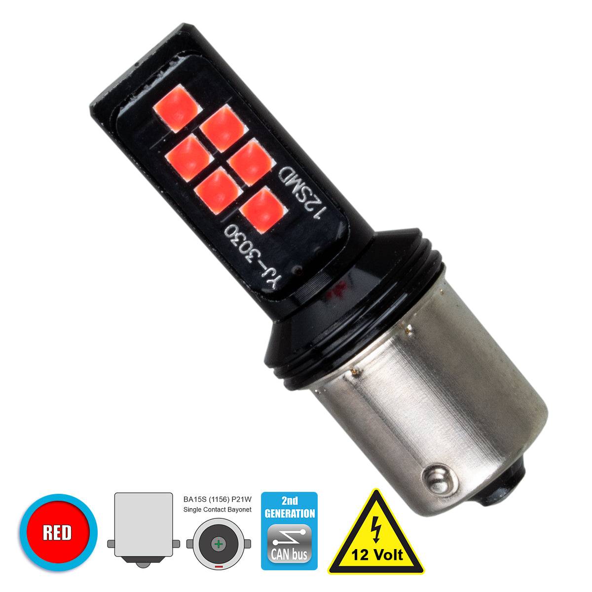 GloboStar® 81246 Λάμπα Αυτοκίνητου 1156 - BA15S - P21W 2nd Generation Can-Bus Series LED 12 SMD 3030 8W 960lm 360° DC 12V IP20 Κόκκινο - ledmania.gr