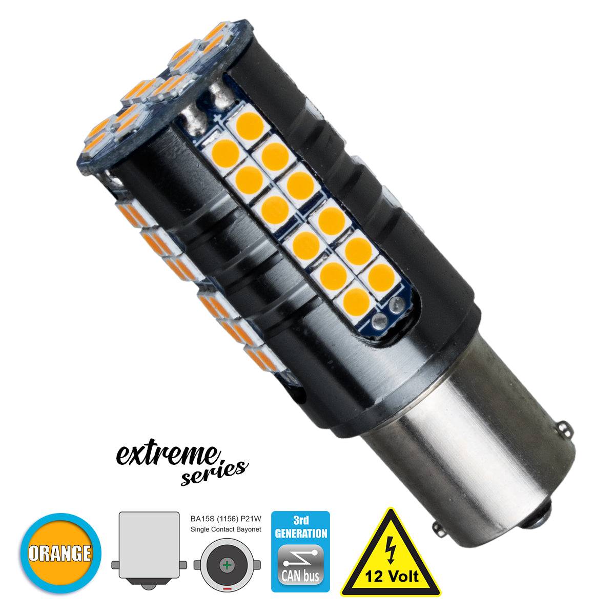 GloboStar® 81251 Λάμπα Αυτοκίνητου 1156 - BA15S - P21W 3rd Generation Can-Bus Extreme Series LED 66 SMD 3030 15W 1800lm 360° DC 12V IP20 Πορτοκαλί - ledmania.gr