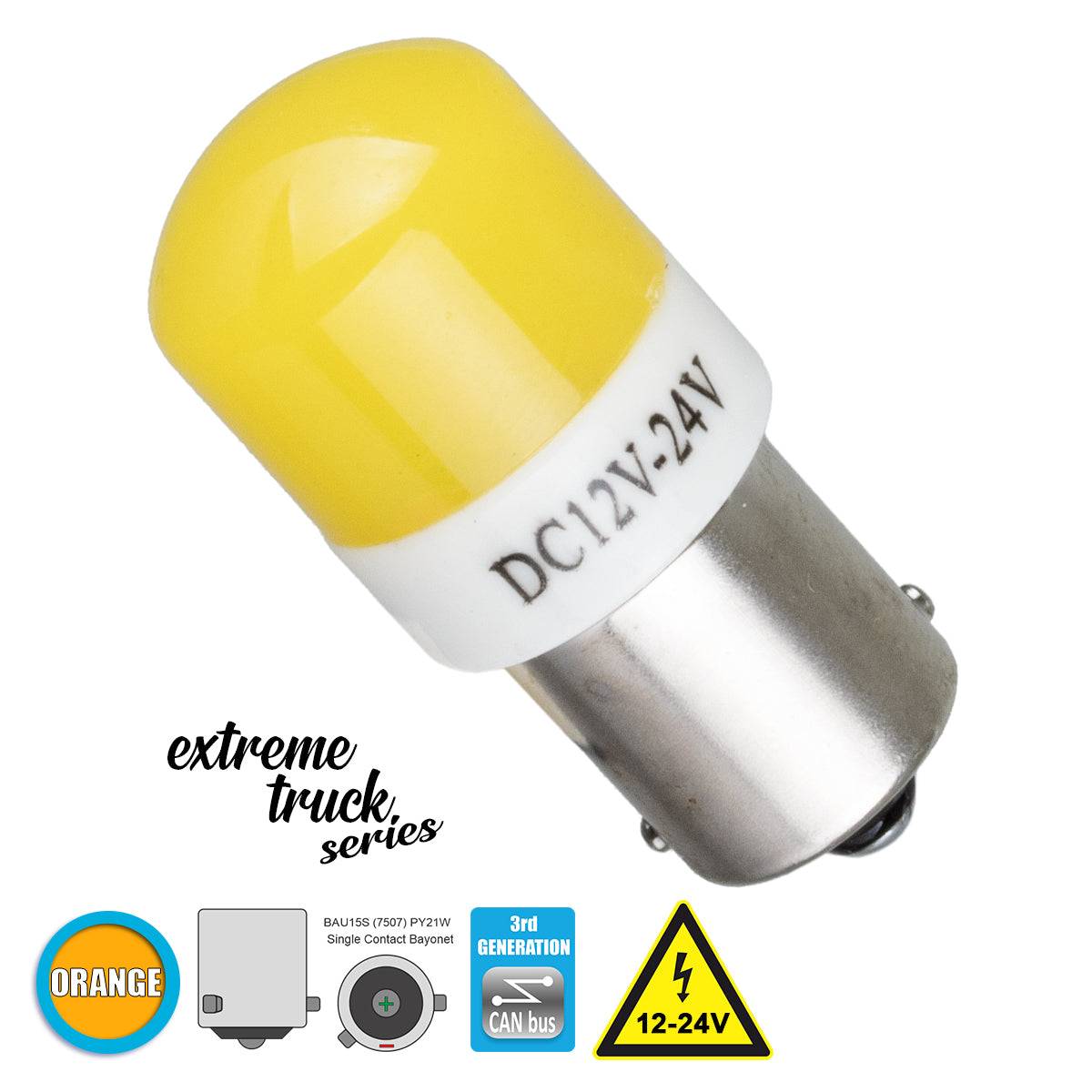 GloboStar® 81267 Λάμπα Αυτοκινήτου & Φορτηγού 7507 - BAU15S - PY21W 3rd Generation Can-Bus Extreme Truck Series LED 6 SMD 3030 3W 360lm 360° DC 12-24V IP20 Πορτοκαλί - ledmania.gr