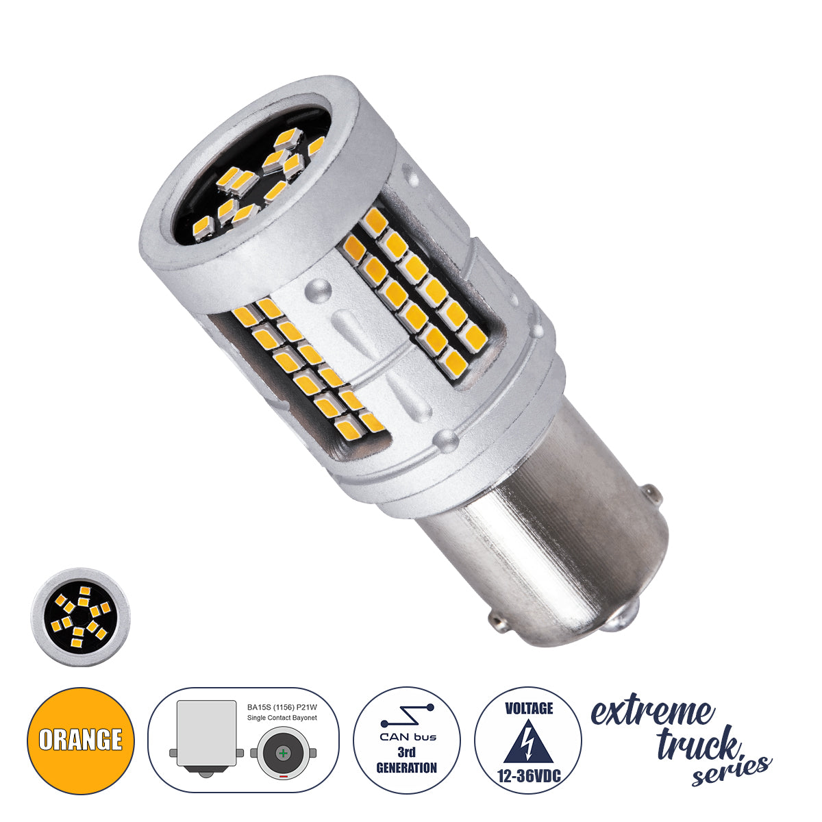 GloboStar® 81276 Λάμπα Αυτοκινήτου & Φορτηγού LED 1156 - BA15S - P21W 3rd Generation Can-Bus Extreme Truck Series 72xSMD3030 7W 840lm 360° DC 12-36V IP20 Φ2 x Υ5cm Πορτοκαλί - ledmania.gr
