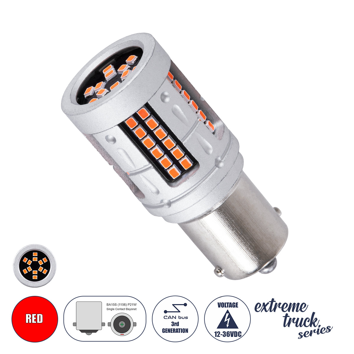 GloboStar® 81277 Λάμπα Αυτοκινήτου & Φορτηγού LED 1156 - BA15S - P21W 3rd Generation Can-Bus Extreme Truck Series 72xSMD3030 7W 840lm 360° DC 12-36V IP20 Φ2 x Υ5cm Κόκκινο - ledmania.gr