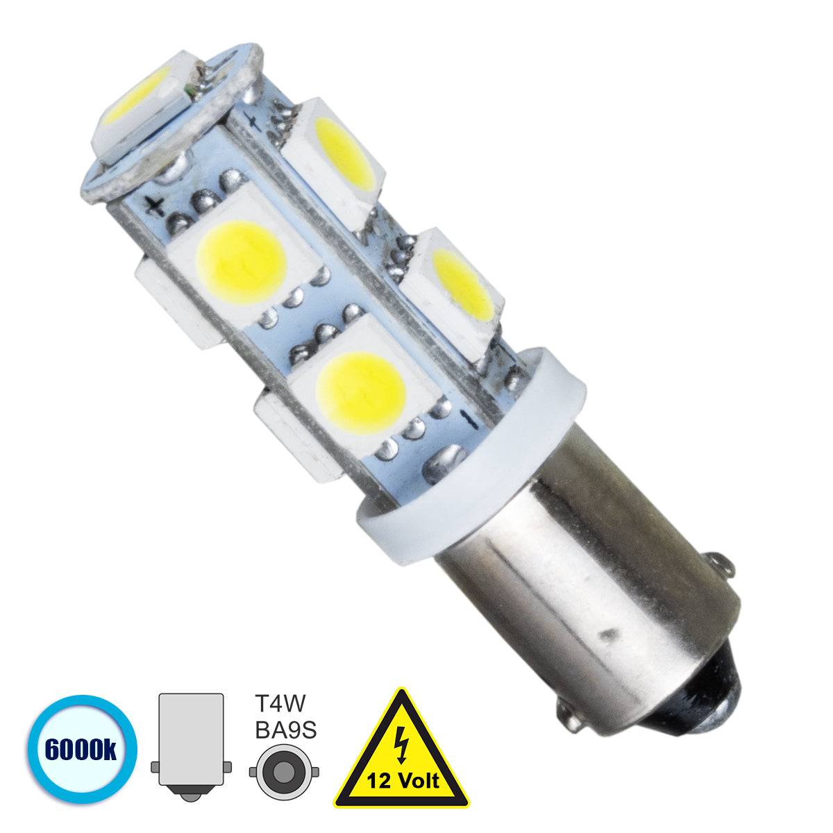 GloboStar® 81285 Λάμπα Αυτοκίνητου BA9S - T4W LED 9 SMD 5050 3W 450lm 360° DC 12V IP20 Ψυχρό Λευκό 6000K - ledmania.gr
