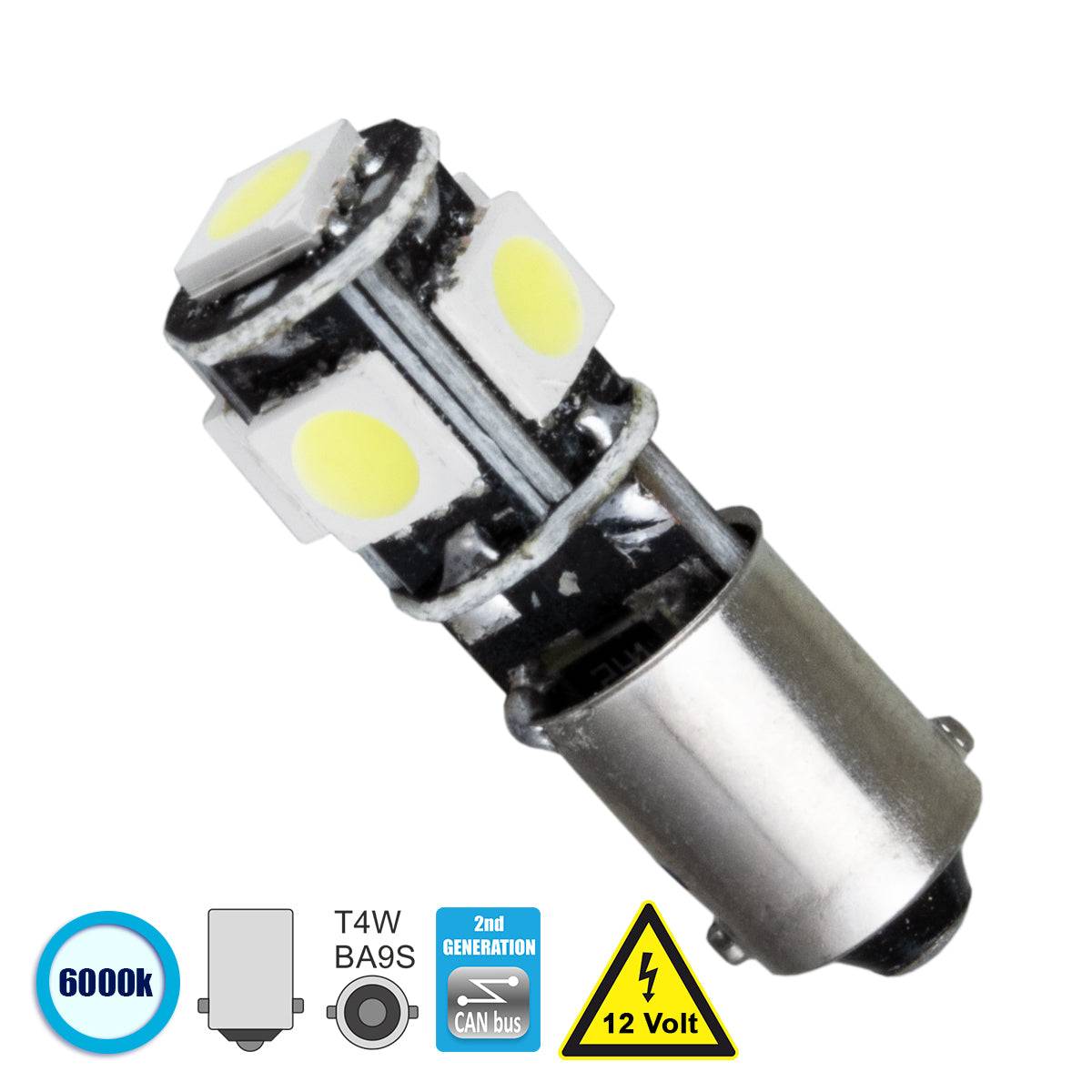 GloboStar® 81288 Λάμπα Αυτοκίνητου BA9S - T4W 2nd Generation Can-Bus Series LED 5 SMD 5050 2W 300lm 360° DC 12V IP20 Ψυχρό Λευκό 6000K - ledmania.gr
