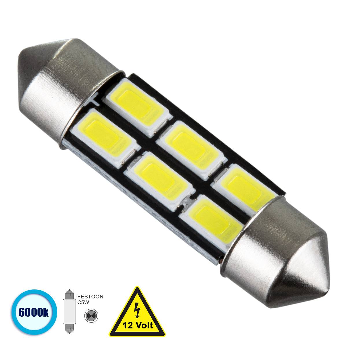 GloboStar® 81306 Λάμπα Αυτοκίνητου 36mm FESTOON - C5W LED 6 SMD 5630 3W 450lm 120° DC 12V IP20 Ψυχρό Λευκό 6000K - ledmania.gr