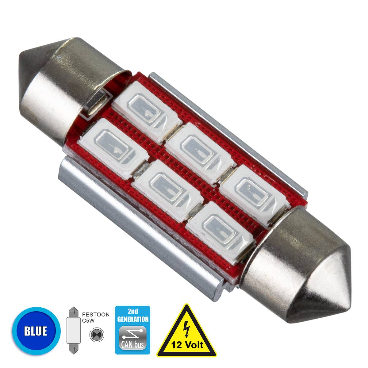 GloboStar® 81314 Λάμπα Αυτοκίνητου 36mm FESTOON - C5W 2nd Generation Can-Bus Series LED 6 SMD 5630 4W 480lm 120° DC 12V IP20 Μπλε - ledmania.gr
