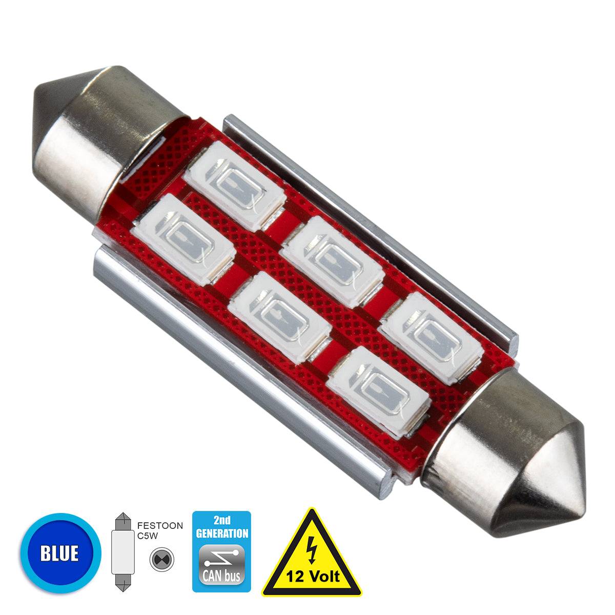GloboStar® 81323 Λάμπα Αυτοκίνητου 42mm FESTOON - C5W 2nd Generation Can-Bus Series LED 6 SMD 5630 4W 480lm 120° DC 12V IP20 Μπλε - ledmania.gr