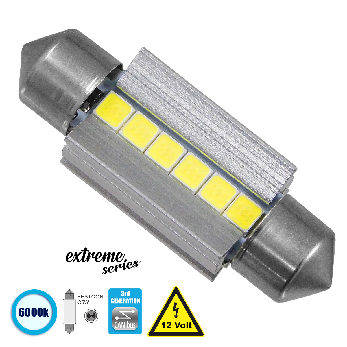 GloboStar® 81338 Λάμπα Αυτοκινήτου 36mm FESTOON - C5W 3rd Generation Can-Bus Extreme Series LED 6 SMD 3030 6W 900lm 120° DC 12V IP20 Ψυχρό Λευκό 6000K - ledmania.gr