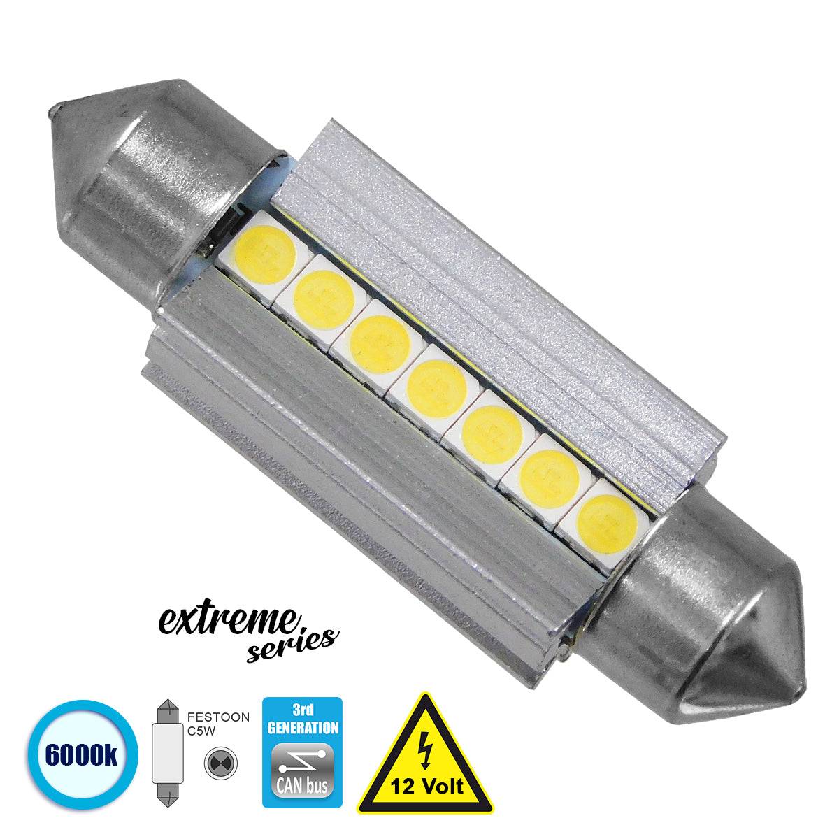 GloboStar® 81339 Λάμπα Αυτοκινήτου 39mm FESTOON - C5W 3rd Generation Can-Bus Extreme Series LED 7 SMD 3030 7W 1050lm 120° DC 12V IP20 Ψυχρό Λευκό 6000K - ledmania.gr