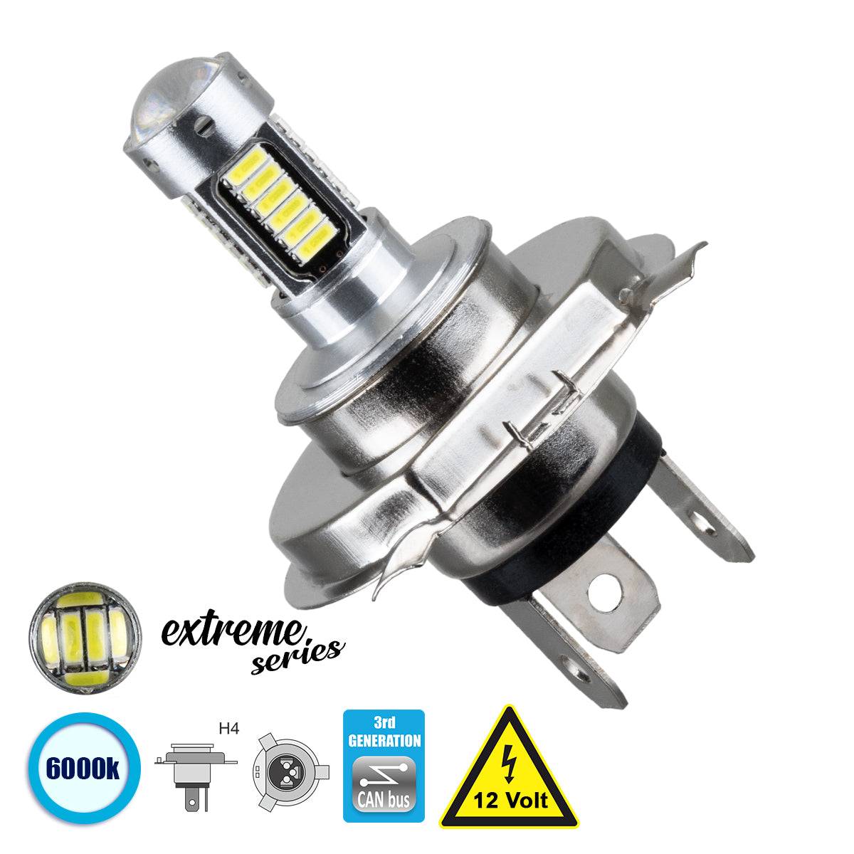 GloboStar® 81413 Λάμπα Αυτοκίνητου H4 3rd Generation Can-Bus Extreme Series LED 30 SMD 4014 6W 900lm 360° DC 12V IP20 Ψυχρό Λευκό 6000K - ledmania.gr