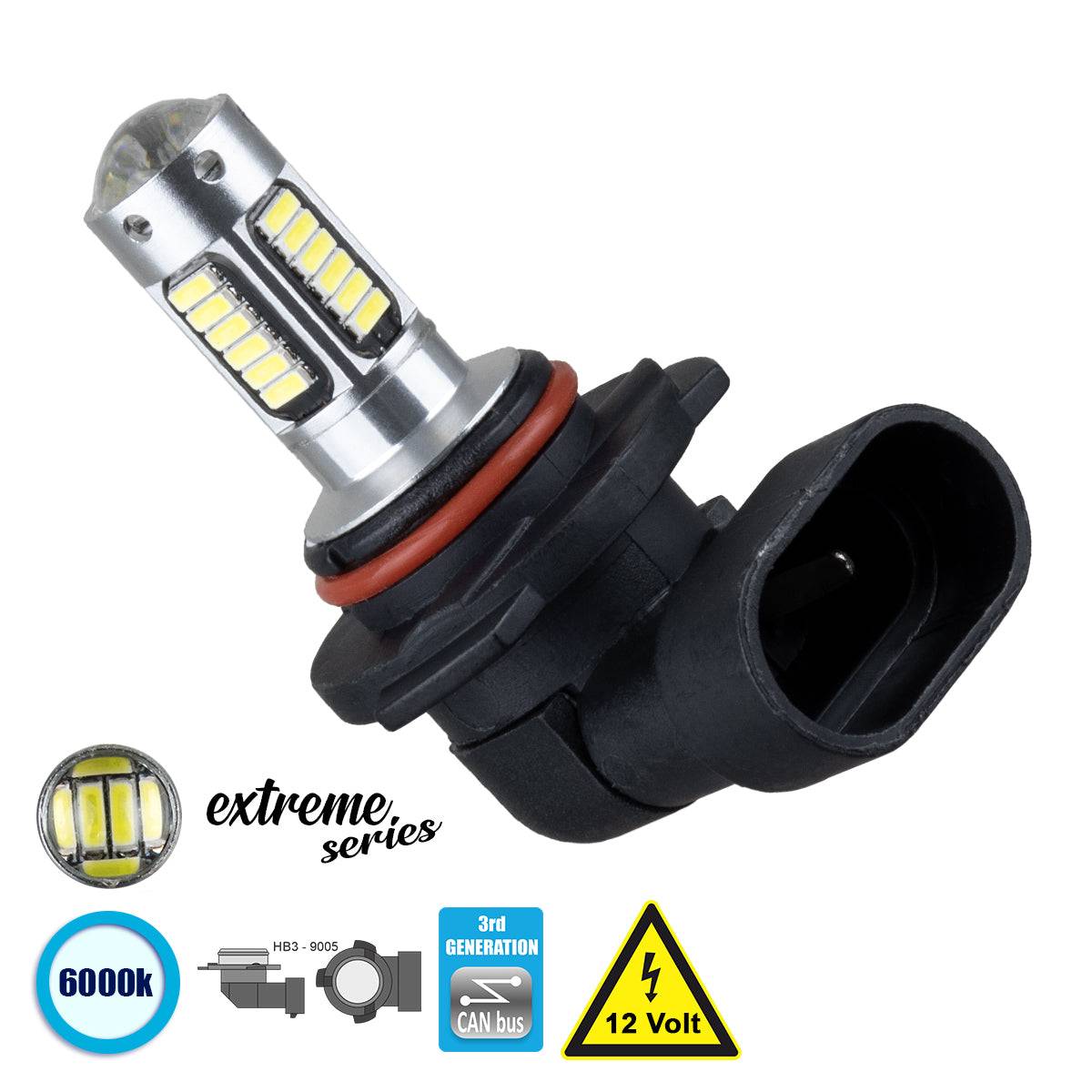 GloboStar® 81420 Λάμπα Αυτοκίνητου HB3 9005 3rd Generation Can-Bus Extreme Series LED 30 SMD 4014 6W 900lm 360° DC 12V IP20 Ψυχρό Λευκό 6000K - ledmania.gr