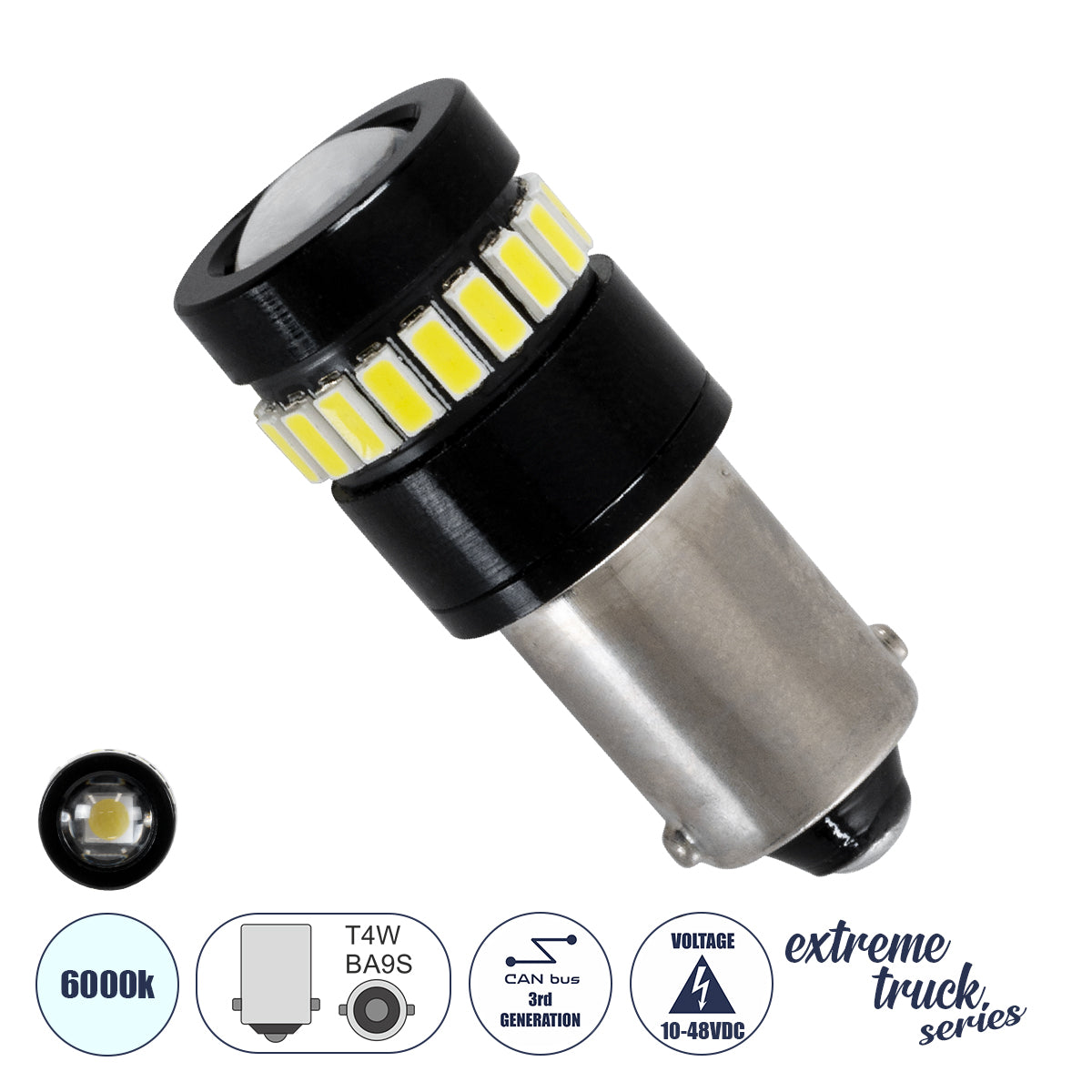 GloboStar® 81462 Λάμπα Αυτοκινήτου LED BA9s - T4W 3rd Generation Can-Bus Extreme Truck Series 18xSMD3014 1.3W 156lm 360° DC 10-48V IP20 Φ1.2 x Υ3cm Ψυχρό Λευκό 6000K - ledmania.gr