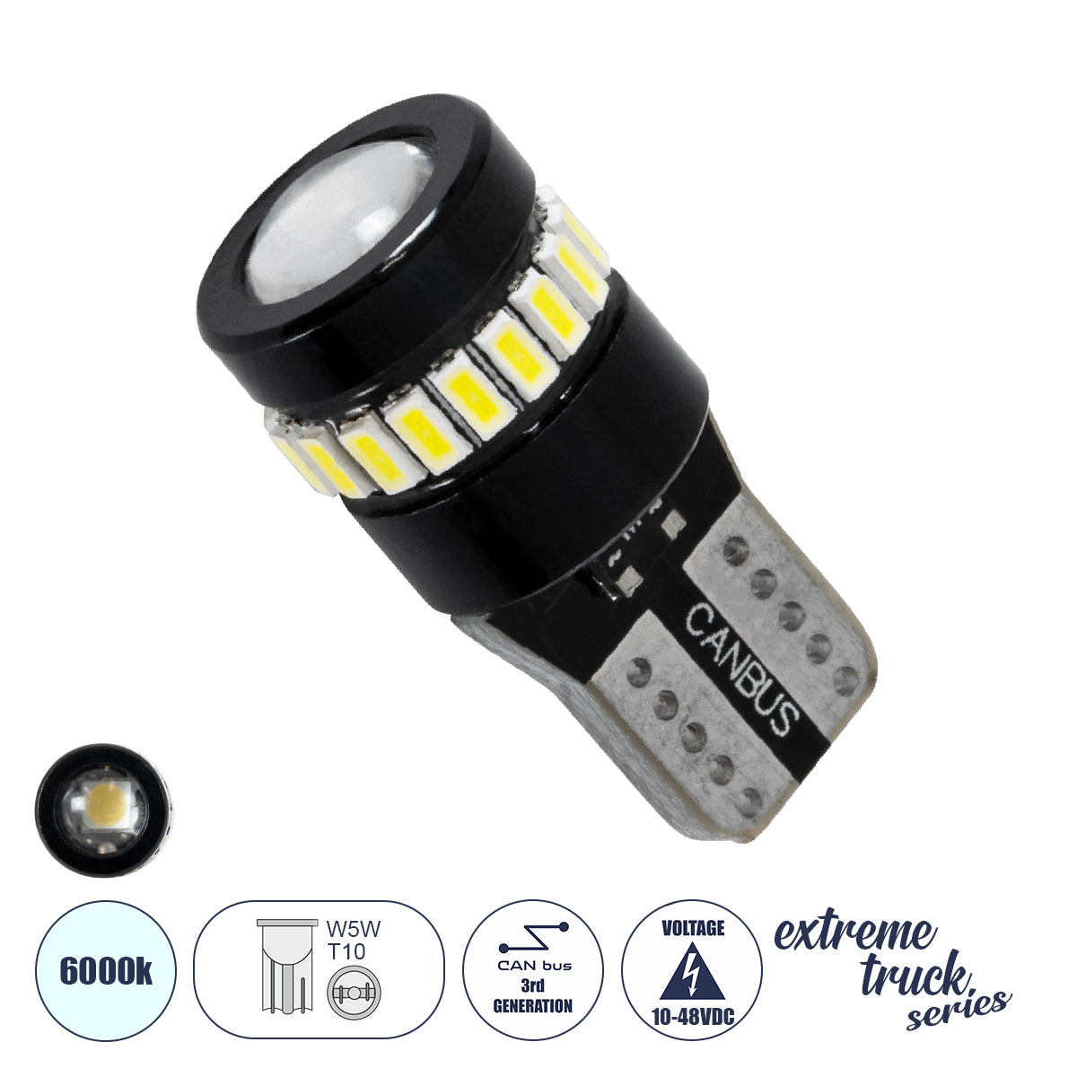 GloboStar® 81463 Λάμπα Αυτοκινήτου LED T10 W5W 3rd Generation Can-Bus Extreme Truck Series 18xSMD3014 1.3W 156lm 360° DC 10-48V IP20 Φ1.2 x Υ2.8cm Ψυχρό Λευκό 6000K - ledmania.gr
