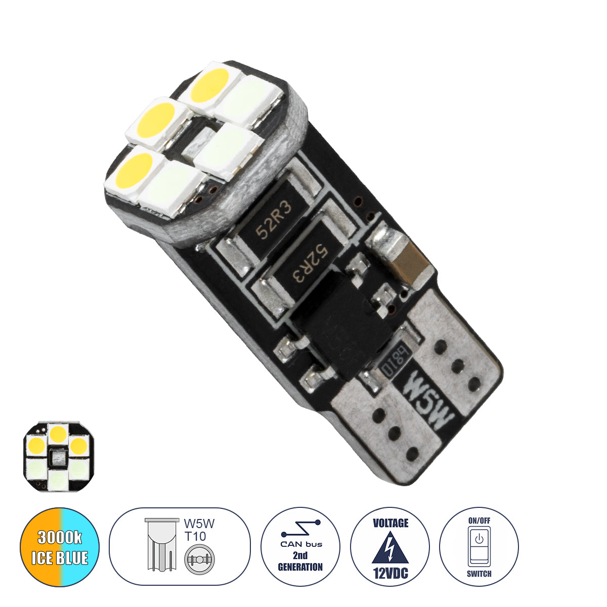 GloboStar® 81466 Λάμπα Αυτοκινήτου LED 3 Stage Color Change by Switch On/Off T10 W5W 2rd Generation Can-Bus Series 10xSMD3535 1.3W 156lm 360° DC 10-48V IP20 Μ1 x Π1 x Υ2.5cm Θερμό Λευκό 3000K & Ice Blue - ledmania.gr