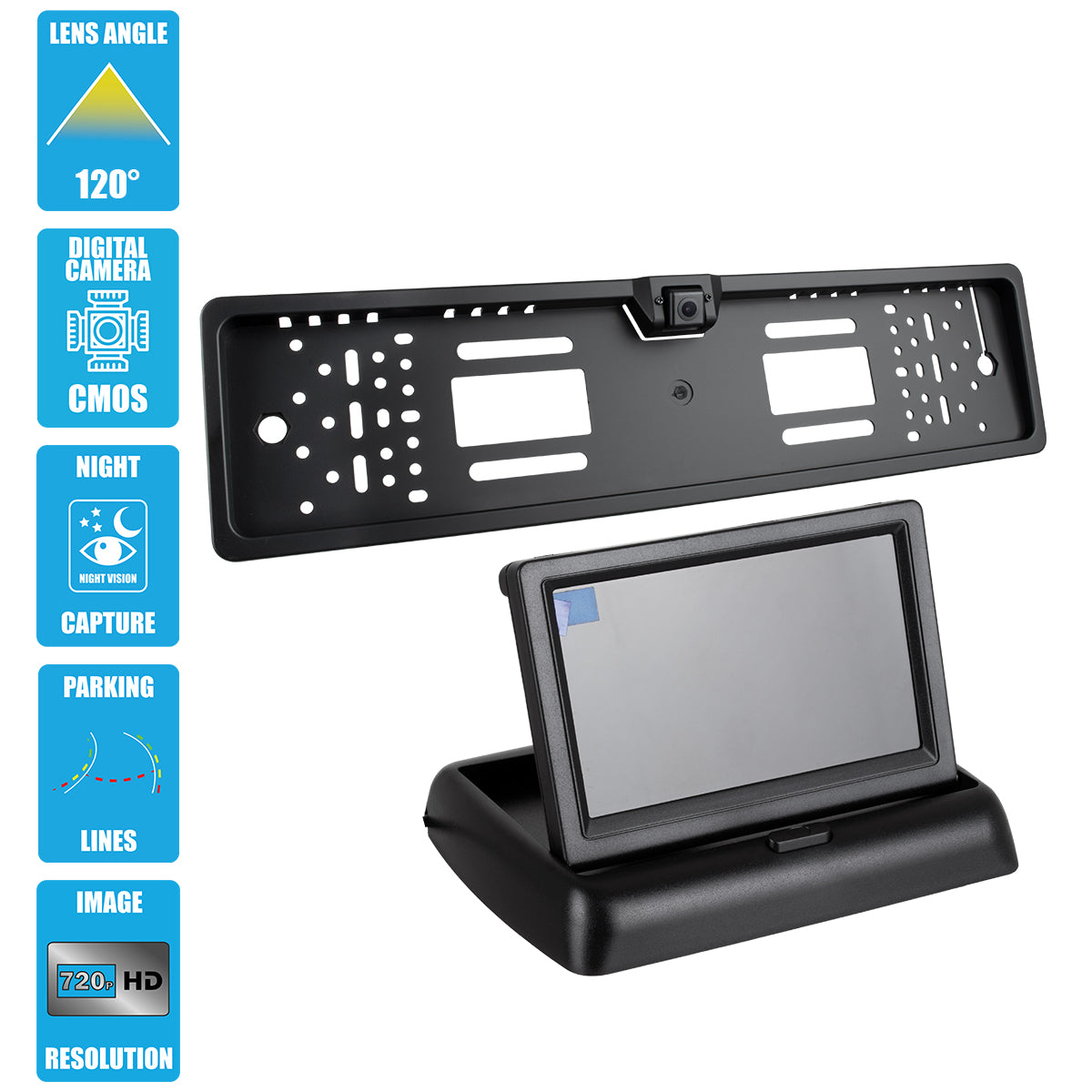 GloboStar® 86013 Πλαίσιο Πινακίδας Αυτοκινήτου με Ενσωματωμένη Αδιάβροχη Κάμερα Οπισθοπορείας 720p HD CMOS Signal 170° DC 12V και Πτυσσόμενη Οθόνη 4.3"|"200000 - ledmania.gr