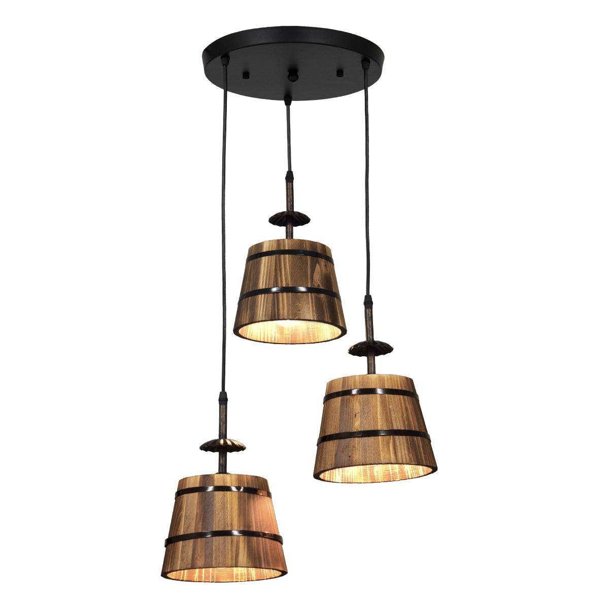 GloboStar® CEBU 00888 ΣΕΤ Vintage Κρεμαστό Φωτιστικό Οροφής Τρίφωτο Μεταλλικό Ξύλινο Φ40 x Y210cm - ledmania.gr
