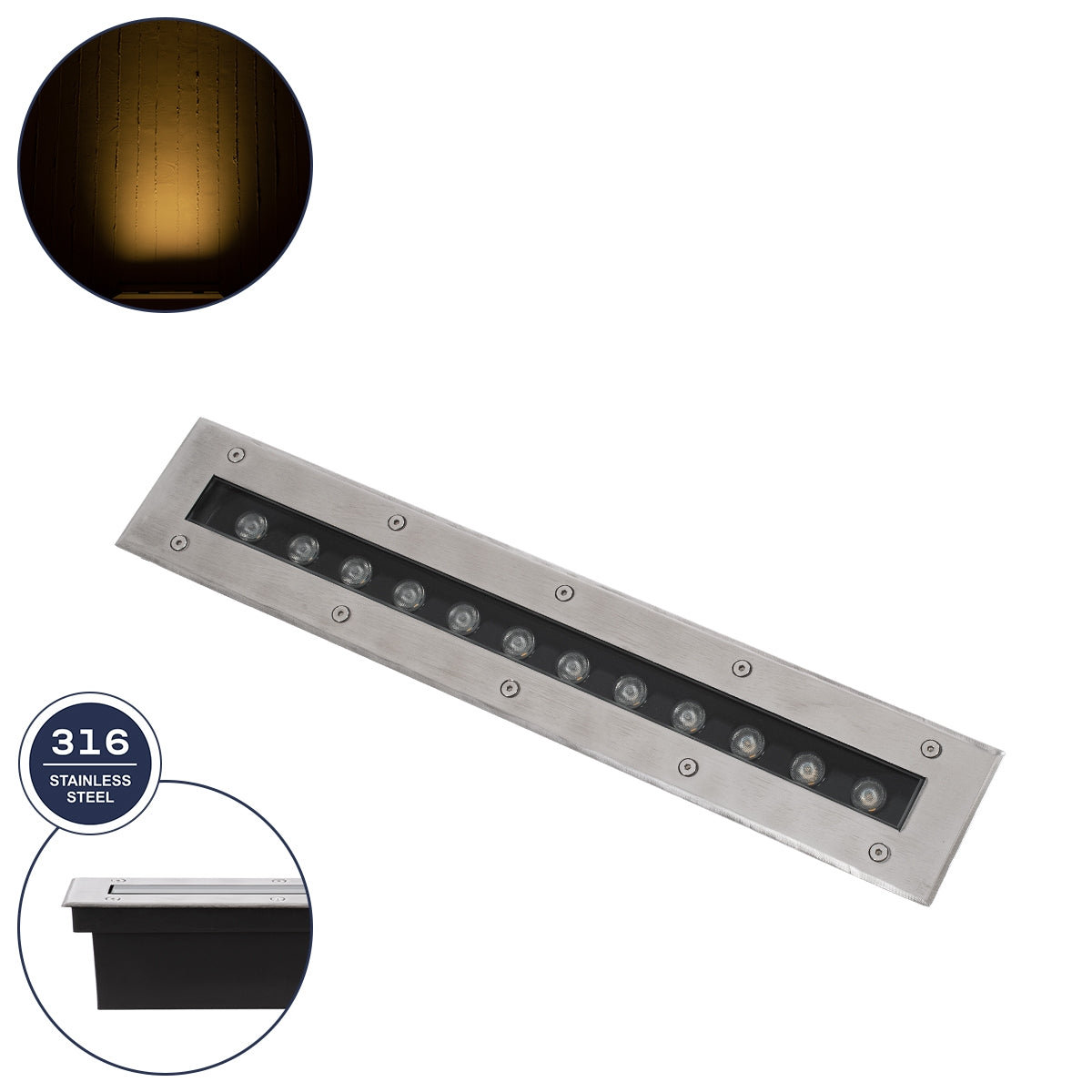GloboStar® UNDERGROUND-MINA 90192 Χωνευτό Φωτιστικό Wall Washer Δαπέδου LED 12W 1080lm 10° DC 24V Αδιάβροχο IP68 L50 x W7.4 x H7cm Θερμό Λευκό 2700K - Ανοξείδωτο Ατσάλι - ledmania.gr