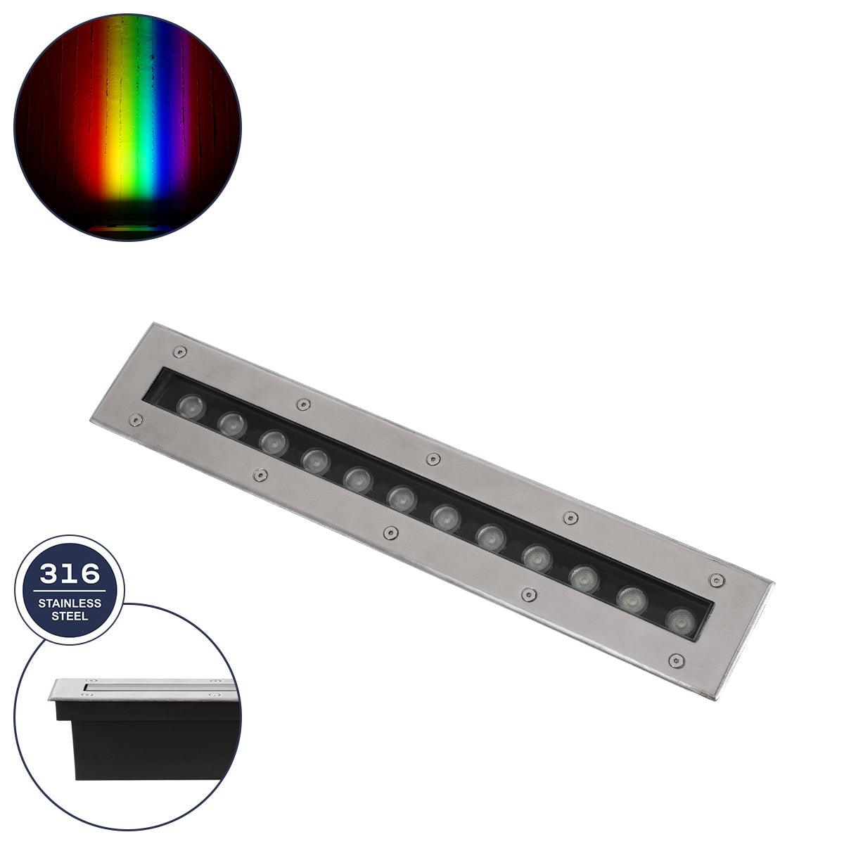 GloboStar® UNDERGROUND-MINA 90193 Χωνευτό Φωτιστικό Wall Washer Δαπέδου LED 12W 1020lm 10° DC 24V Αδιάβροχο IP68 L50 x W9 x H7.2cm RGBW DMX512 - Ανοξείδωτο Ατσάλι - ledmania.gr
