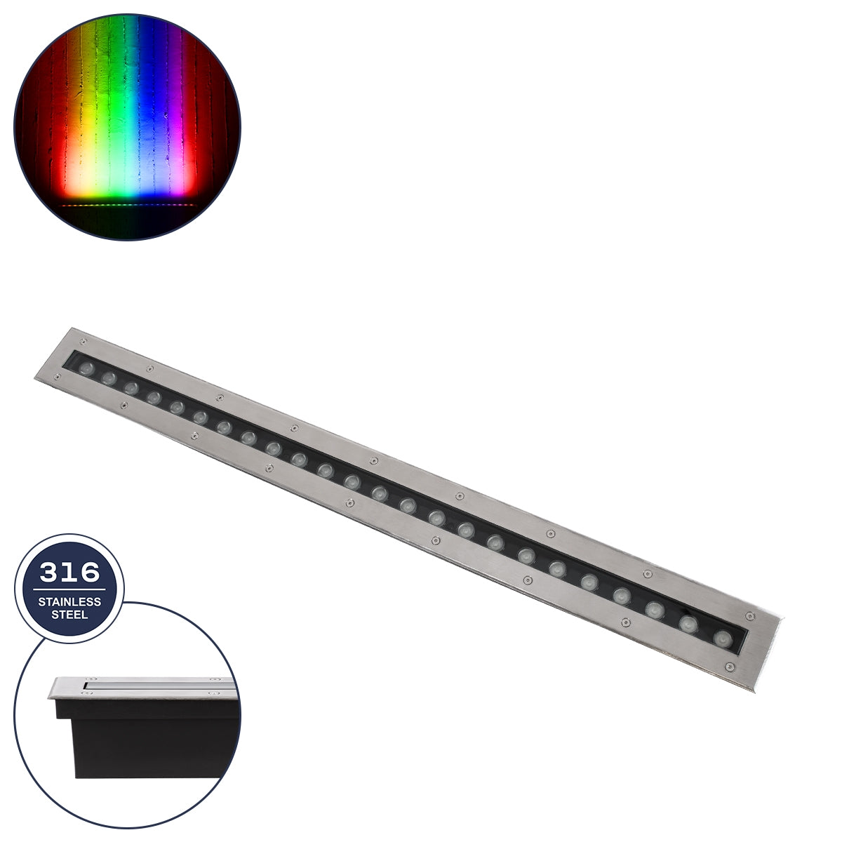 GloboStar® UNDERGROUND-MINA 90195 Χωνευτό Φωτιστικό Wall Washer Δαπέδου LED 24W 2040lm 10° DC 24V Αδιάβροχο IP68 L100 x W9 x H7.2cm RGBW DMX512 - Ανοξείδωτο Ατσάλι - ledmania.gr