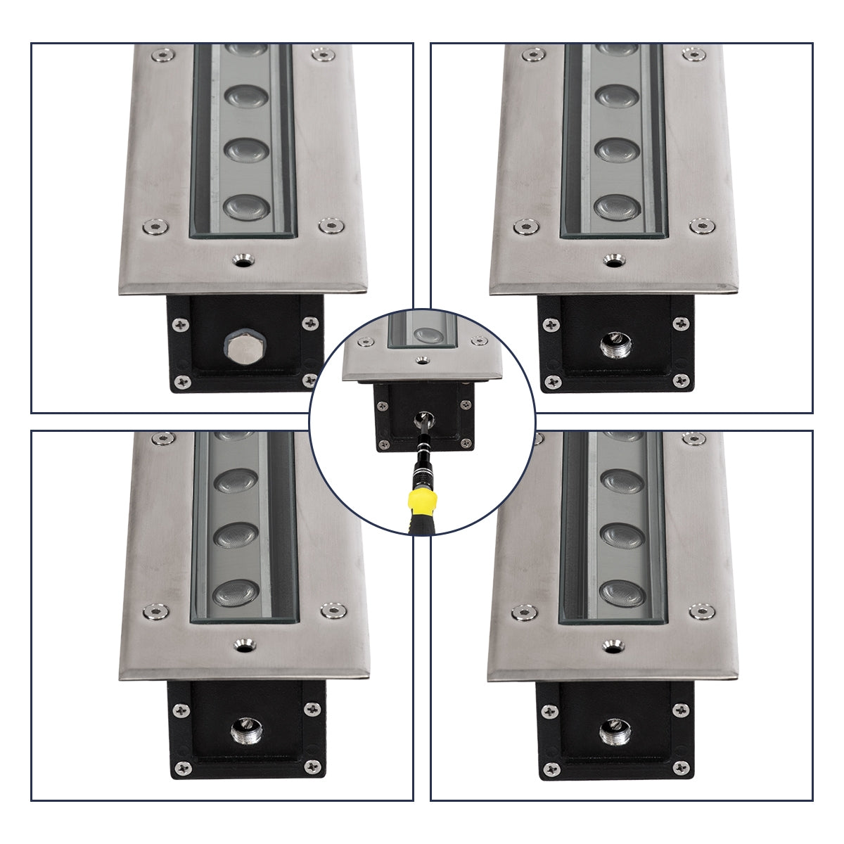 GloboStar® UNDERGROUND-MINA 90196 Χωνευτό Φωτιστικό Wall Washer Δαπέδου LED 24W 2160lm 10° DC 24V Αδιάβροχο IP68 με Ρυθμιζόμενη Γωνία Φωτισμού L108 x W9 x H7.5cm Θερμό Λευκό 2700K DMX512 - Ανοξείδωτο Ατσάλι - ledmania.gr
