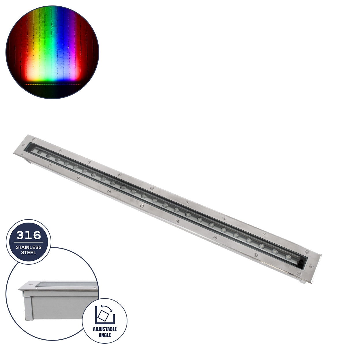 GloboStar® UNDERGROUND-MINA 90197 Χωνευτό Φωτιστικό Wall Washer Δαπέδου LED 24W 2040lm 10° DC 24V Αδιάβροχο IP68 με Ρυθμιζόμενη Γωνία Φωτισμού L108 x W9 x H7.5cm RGBW DMX512 - Ανοξείδωτο Ατσάλι - ledmania.gr