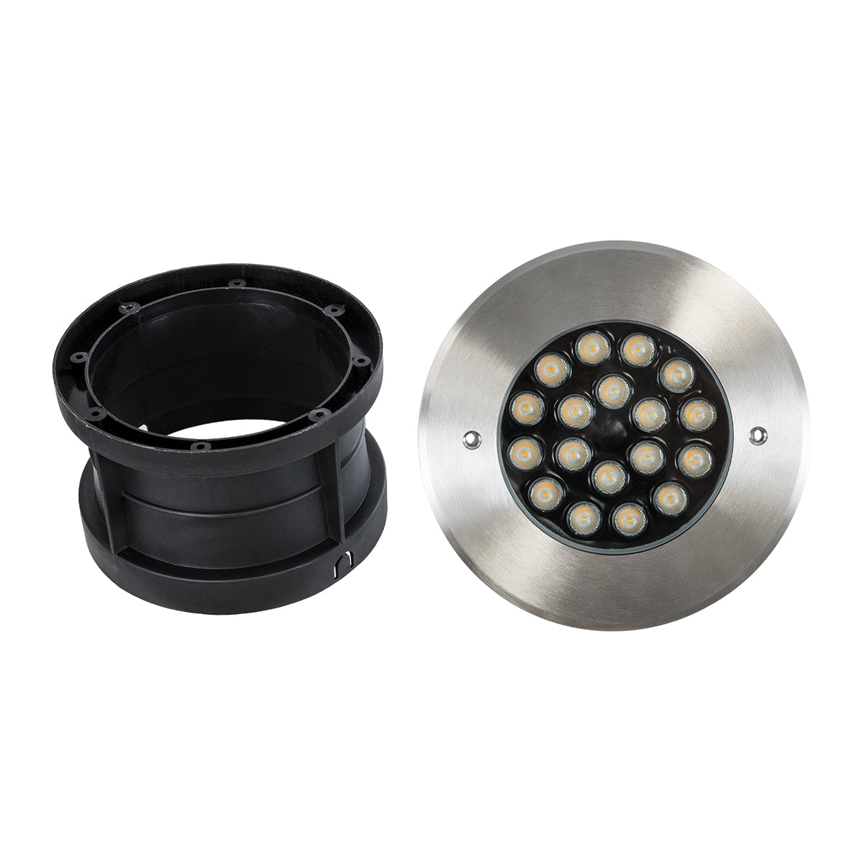 GloboStar® UNDERGROUND-SINA 90571 Χωνευτό Φωτιστικό Σποτ Δαπέδου LED 18W 1620lm 15° DC 24V Αδιάβροχο IP68 Φ20 x Υ11cm Θερμό Λευκό 2700K - Ανοξείδωτο Ατσάλι - 3 Χρόνια Εγγύηση - ledmania.gr