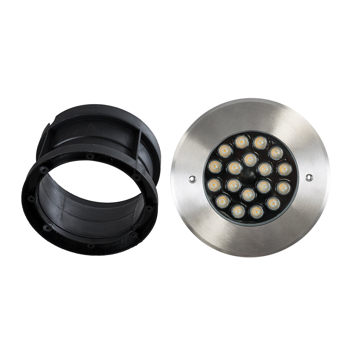 GloboStar® UNDERGROUND-SINA 90571 Χωνευτό Φωτιστικό Σποτ Δαπέδου LED 18W 1620lm 15° DC 24V Αδιάβροχο IP68 Φ20 x Υ11cm Θερμό Λευκό 2700K - Ανοξείδωτο Ατσάλι - 3 Χρόνια Εγγύηση - ledmania.gr
