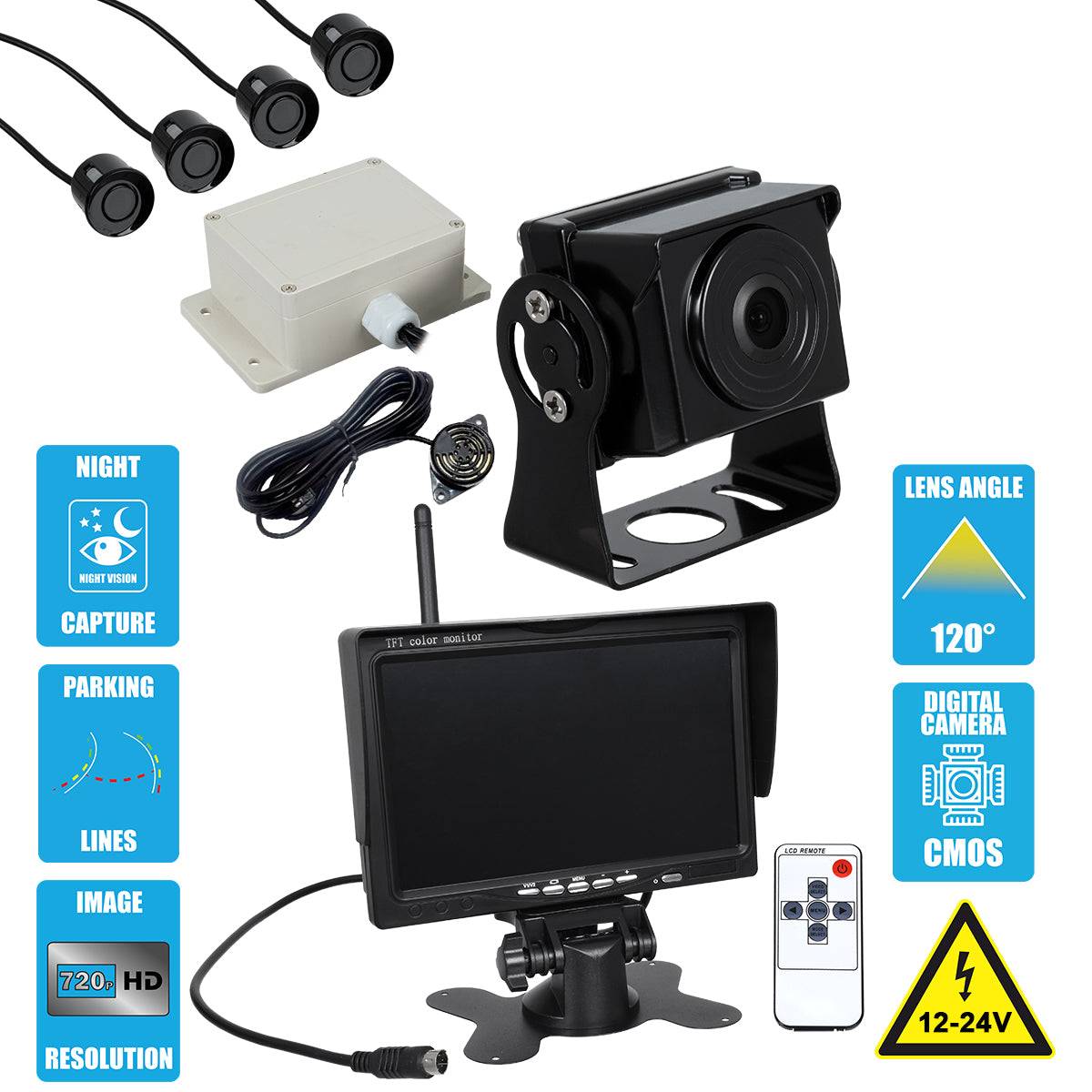 GloboStar® 86033 Έγχρωμη Κάμερα 720p CMOS HD Οπισθοπορείας Αυτοκινήτου-Φορτηγού DC 12-24V 170° με Οθόνη 7" DC 12-24V Night Capture με Parking Lines - Ασύρματο Χειριστήριο και ΚΙΤ Παρκαρίσματος με 4 Αισθητήρες Αδιάβροχο IP65 - ledmania.gr