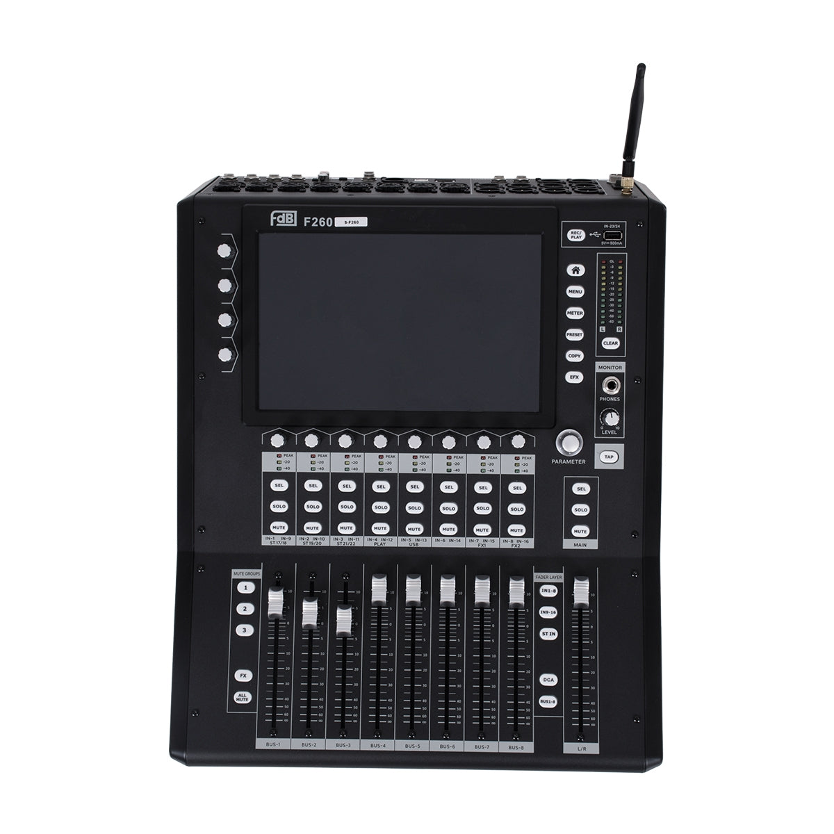GloboStar® FDB F260 98023 Multifunctional Digital Mixer Audio Console 24Ch - Επαγγελματική Ψηφιακή Κονσόλα Ήχου 16Ch Audio In / 8Ch Audio Out / 8Ch BUS Out - Οθόνη Αφής 10" HD - Wifi Smart System - UDP - AC 220V/50-60Hz - IP20 - Μαύρο - Μ38 x Π49 x Υ14cm - ledmania.gr