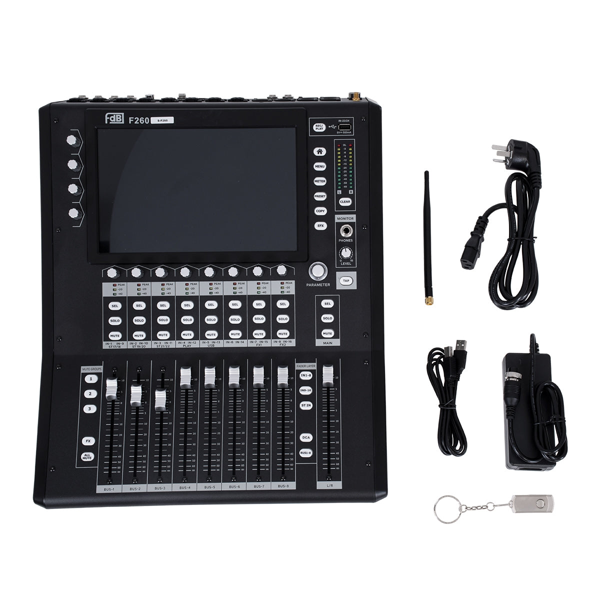 GloboStar® FDB F260 98023 Multifunctional Digital Mixer Audio Console 24Ch - Επαγγελματική Ψηφιακή Κονσόλα Ήχου 16Ch Audio In / 8Ch Audio Out / 8Ch BUS Out - Οθόνη Αφής 10" HD - Wifi Smart System - UDP - AC 220V/50-60Hz - IP20 - Μαύρο - Μ38 x Π49 x Υ14cm - ledmania.gr