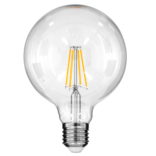 GloboStar® 99013 Λάμπα E27 G125 Γλόμπος LED LONG FILAMENT 8W 880 lm 320° AC 85-265V Edison Retro με Διάφανο Γυαλί Θερμό Λευκό 2700 K Dimmable - ledmania.gr